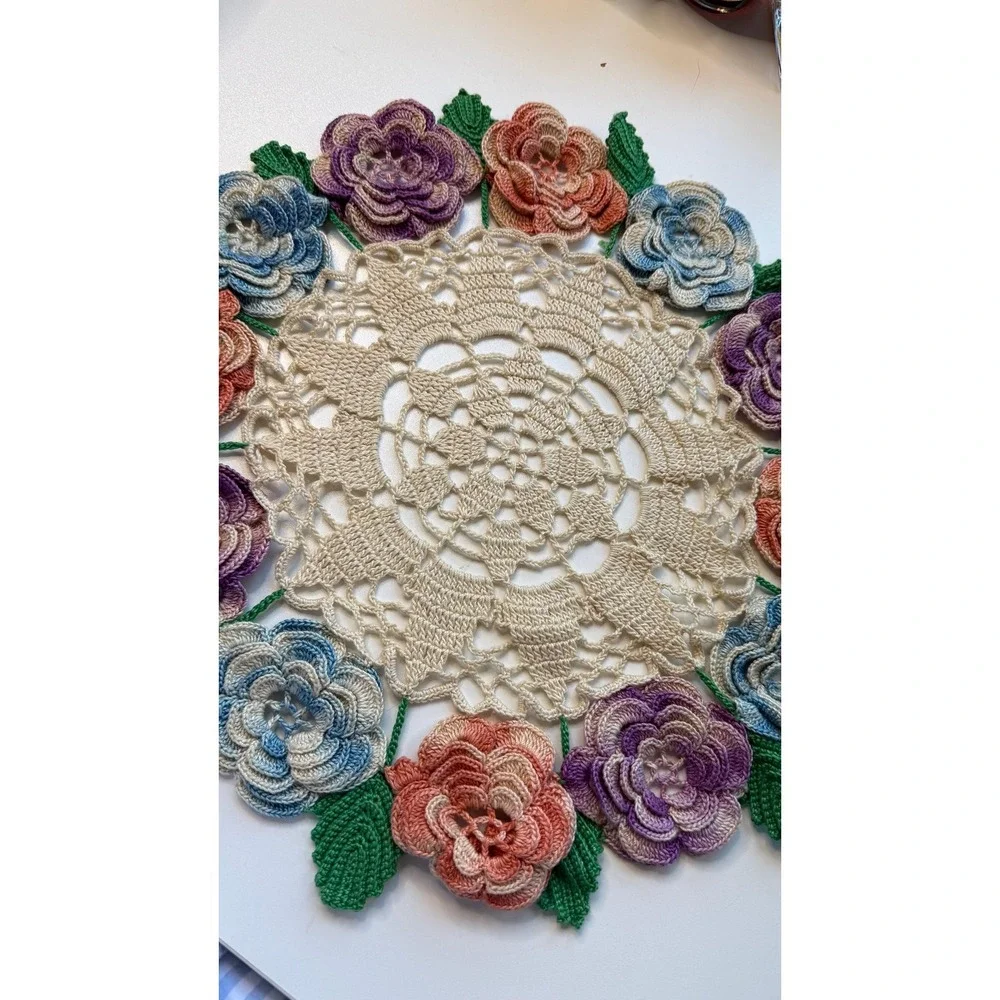 Handmade Crochet Rose Posy Doily 12 Inch Floral Centerpiece Decor